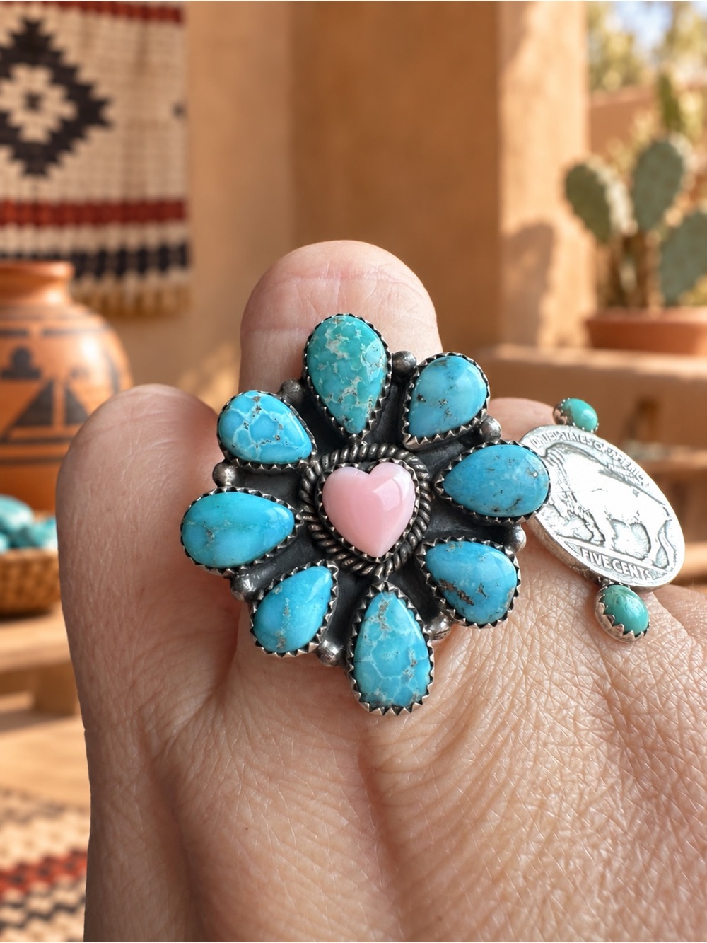 White Water Turquoise & Pink Conch Heart Sterling Silver Ring 💖 Adjustable